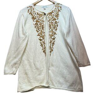 Coldwater Creek Womens Wool Blend Cardigan Long Sleeve Size M Cream Brown Floral